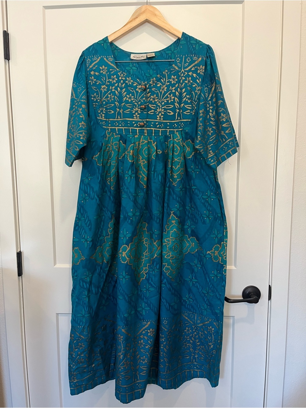 Boho Oversized Floral Cotton Dress Teal Gold midi Artsy Lagenlook Resort Coastal